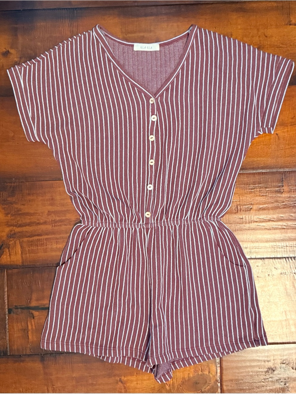 NWOT ILLA ILLA Burgundy and White Striped Romper